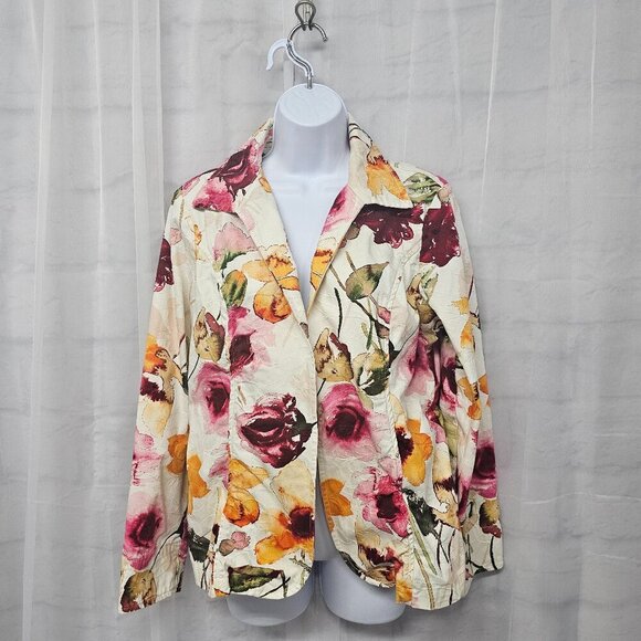 Coldwater Creek Pink Orange Floral Watercolor Open Blazer 12 - Picture 1 of 12